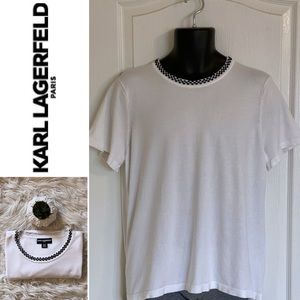 KARL LAGERFELD PARIS white knit t-shirt with black neck trim, XL